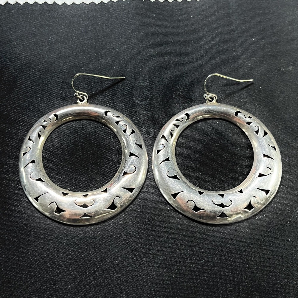 Vintage Taxco Mexico Sterling Silver Large 1.85" Hollow Cutout Hoop Earrings 925